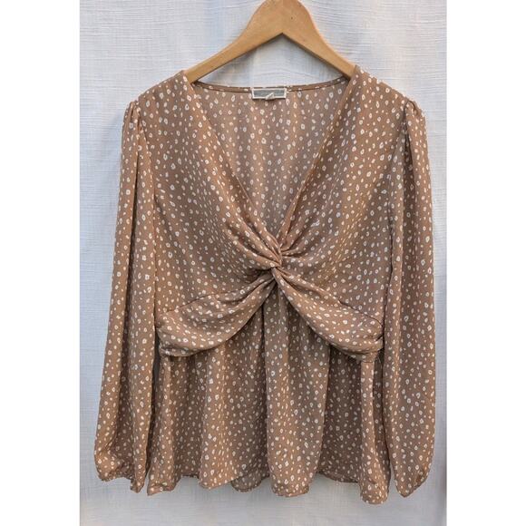 Pleione Women's Front Twist Tunic Blouse Sz Large Brown Polka Dot Balloon Sleeve - Picture 1 of 8